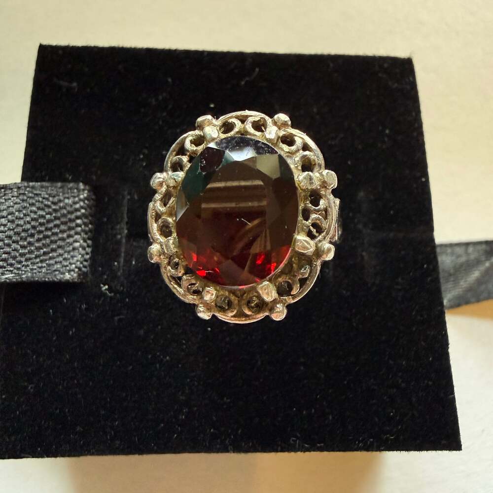 Vintage Garnet Cocktail Ring with Filigree Setting